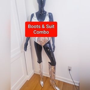 Silver Boots 10 fits Like a 10W and One Piece Silver Swimsuit XL COMBO